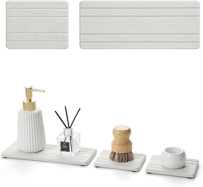3 Pack Water Absorbent Diatomite Coasters, Stone Drying Mat for Kitchen Counter, Bathroom Sink Organizer Tray, Compact Vanity Rack, Soap Holder Caddy, Faucet Splash Guard, White 8"x3.8"