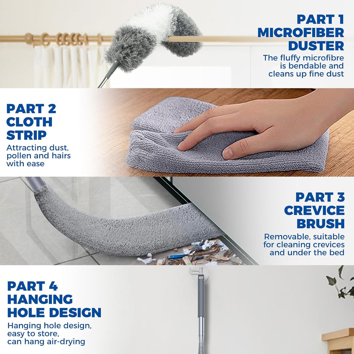 Retractable Gap Dust Cleaner Cleaning Tools with 2 Microfiber Dusting Cloths Long Handle 60inches Washable and Retractable Duster Brush for Cleaning Under Appliances Furniture Couch Fridge