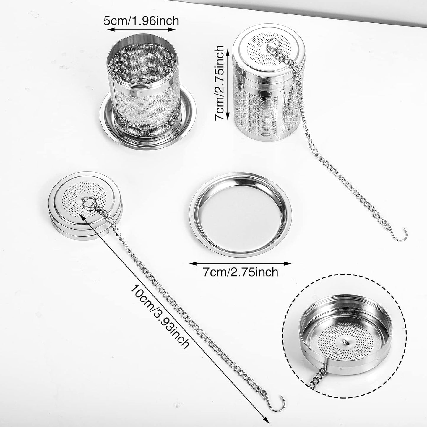 2 Pack Tea Infusers For Loose Tea, 304 Stainless Steel, 2 Inch | Fine Mesh Filter, Threaded Lid, Chain Hook, Drip Trays, Fits Most Mugs And Teapots, Dishwasher Safe
