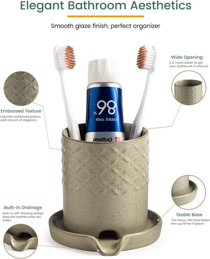 Zoeeker Toothbrush Holder with Drainage, Ceramic Toothbrush Holders Set | Electric Toothbrush & Toothpaste Holder for Bathrooms Self-draining Tooth Brush Cup Countertop Organizers for Family, Yellow