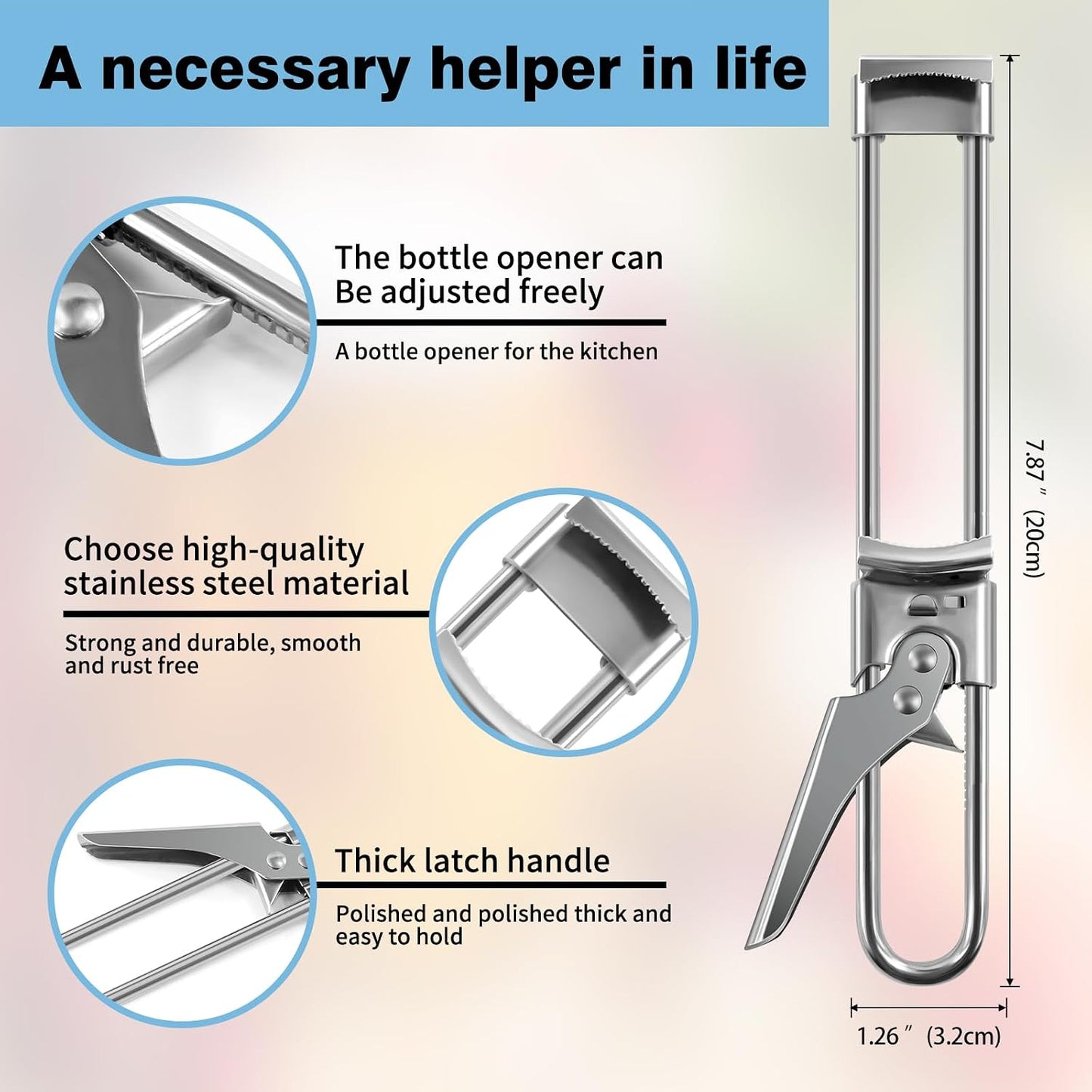 Bottle Opener & Jar Opener,Adjustable Stainless Steel Can Opener | Jar Opener,Bottle Opener,Can Opener,Jar Lid Opener Adjustable,Stainless Steel,Multifunctional Jar Lid Opener for Senior