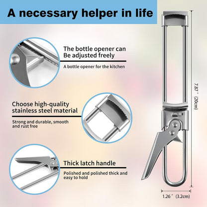 Bottle Opener & Jar Opener,Adjustable Stainless Steel Can Opener | Jar Opener,Bottle Opener,Can Opener,Jar Lid Opener Adjustable,Stainless Steel,Multifunctional Jar Lid Opener for Senior