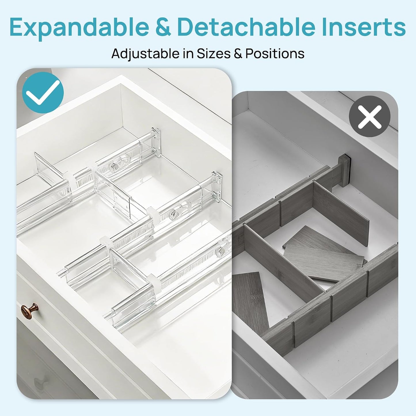 Vtopmart 2.36" Drawer Dividers with Expandable Inserts, 12.8"-22.3", 8 Pack | Adjustable Kitchen Drawer Organizer, Clear Organizer Separator for Flatware, Utensil, Cutlery, 8 Dividers with 14 Inserts