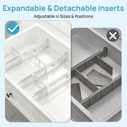 Vtopmart 2.36" Drawer Dividers with Expandable Inserts, 12.8"-22.3", 8 Pack | Adjustable Kitchen Drawer Organizer, Clear Organizer Separator for Flatware, Utensil, Cutlery, 8 Dividers with 14 Inserts