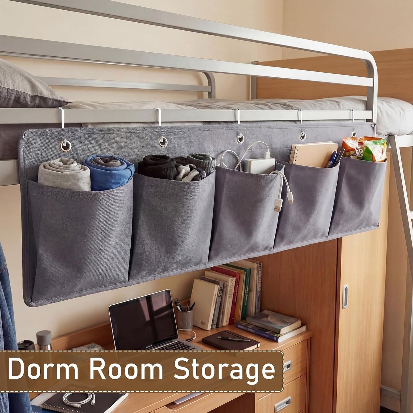 Extra Large Bedside Caddy Storage Bag 53 Inch Bedside Hanging Organizer Bedskirt Pocket Organizer Storage Bag Shoe Rv Pockets with Hook for Home Dormitory Hospital Camper Van Bunk Nursery Bed(Grey)