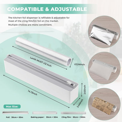 Magnetic Plastic Wrap Dispenser with Cutter - Practical Refillable Aluminum Tin Foil and Plastic Wrap Organizer for Drawer, Including an Extra Roll of 12"X 164' Food Cling Film - Black