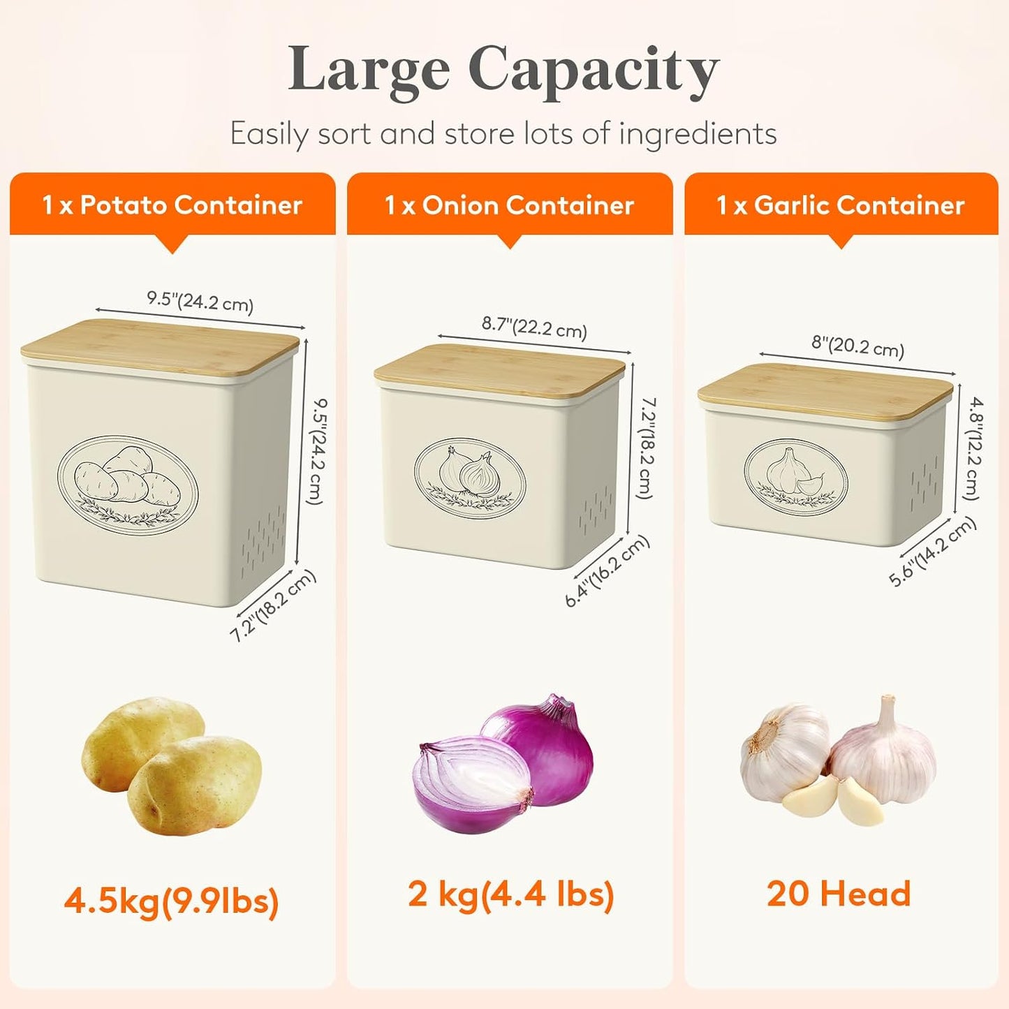 Lifewit Plastic Potato and Onion Storage Bin Box, Set of 3, White | Stackable Garlic Keeper, Vegetable Container Box, Aerating Holes & Lid for Pantry Countertop