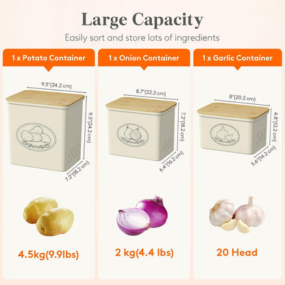 Lifewit Plastic Potato and Onion Storage Bin Box, Set of 3, White | Stackable Garlic Keeper, Vegetable Container Box, Aerating Holes & Lid for Pantry Countertop