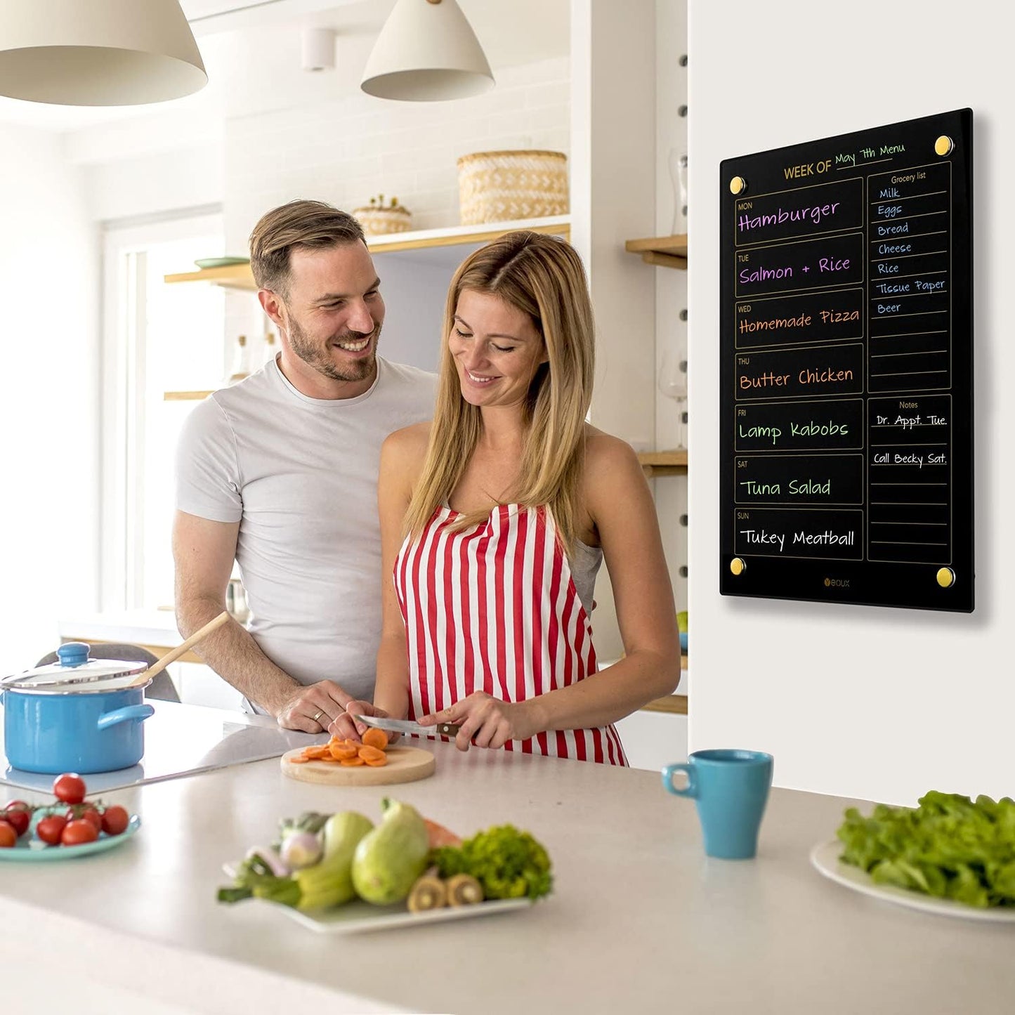 Yeoux Clear Glass Golden Weekly & Menu Dry Erase Calendar Board 15“x11 | Wall Mount, Non-Magnetic, Meal Planning & Grocery Shopping List Whiteboard for Kitchen & Home, 4 Markers