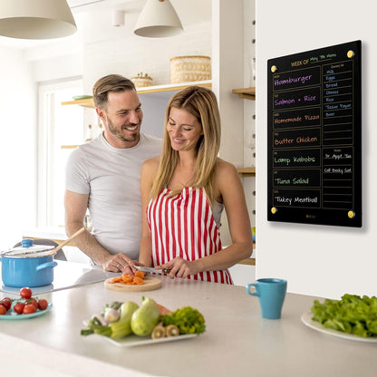 Yeoux Clear Glass Golden Weekly & Menu Dry Erase Calendar Board 15“x11 | Wall Mount, Non-Magnetic, Meal Planning & Grocery Shopping List Whiteboard for Kitchen & Home, 4 Markers