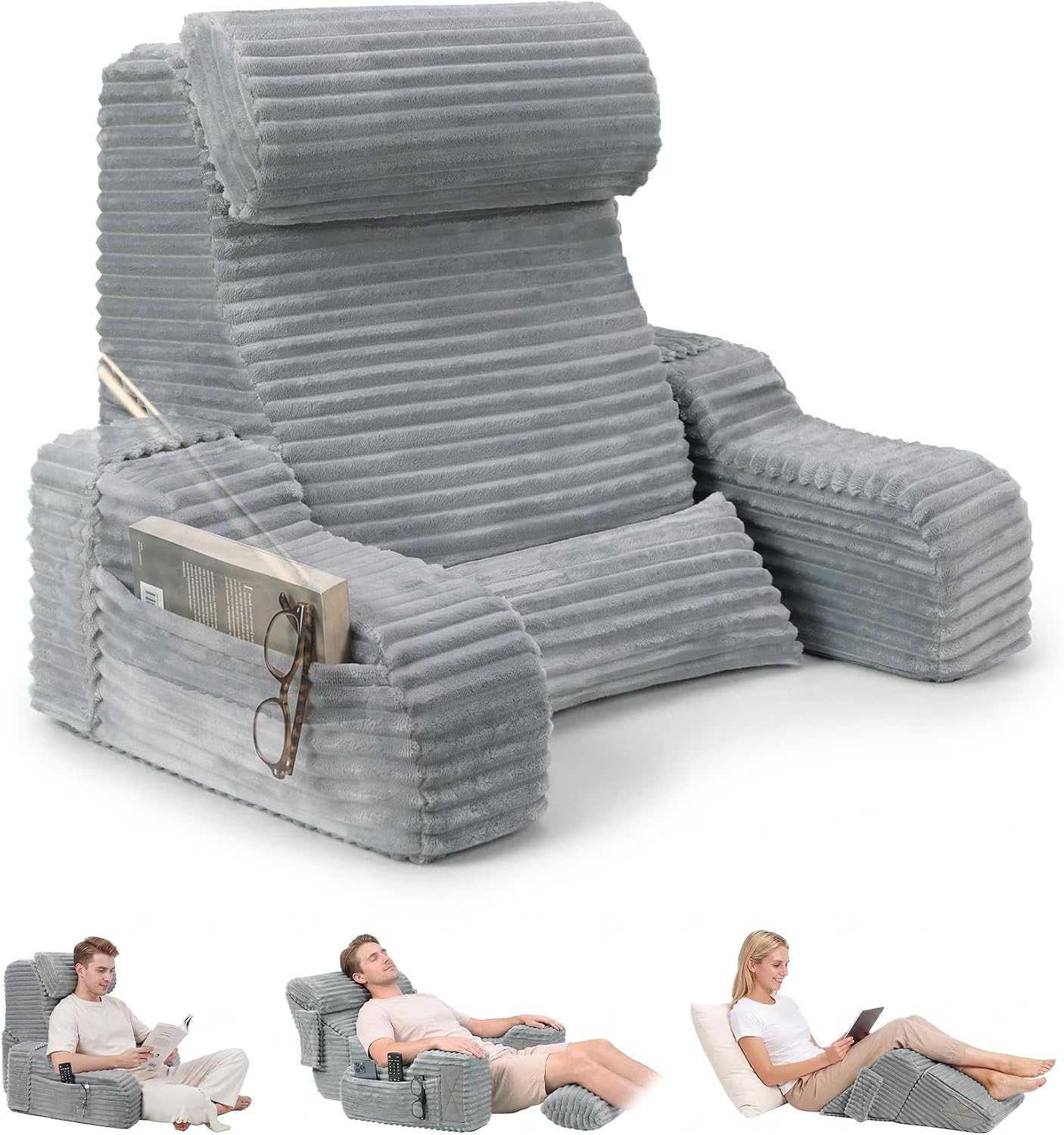 Foldable 5PCS Reading Pillow for Bed, Grey, 19” | 2 in 1 Bed Pillow for Sitting Up, Back Pillow with Arms, Wedge Pillow for Watching TV, Reading, Gaming, Post Surgery, Nursing
