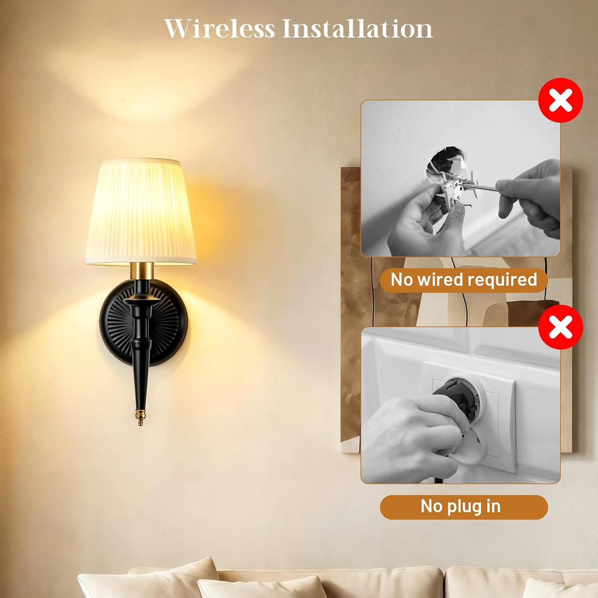 Battery Operated Wall Sconces Set of 2, Wireless Rechargeable Wall Lights with 12 RGB Colors and 3CCT Dimmable, Small Fabric LED Wall Lamps for Bedroom, Living Room, Hallway, Gold