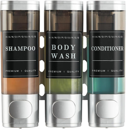 Shampoo and Conditioner Dispenser, Shower Soap Dispenser Wall Mounted, Shampoo Dispenser for Shower Wall No Drill, Bathroom Body Wash Dispenser 3 * 350ml Silver 3 Chamber