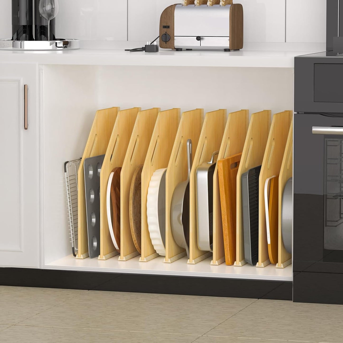 6 Pack Wood Tray Dividers Organizer For Kitchen Cabinet | Adjustable Vertical Cookie Sheet Organizer, Cabinet Dividers Organizer For Pots, Cutting Board, Pans, Lids, Baking Sheets