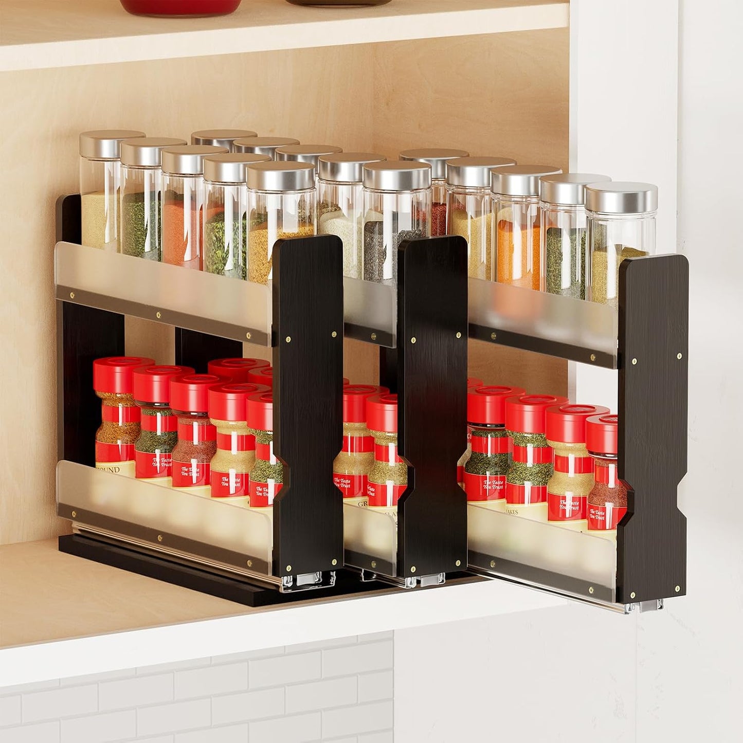 SpaceAid Bamboo Pull Out Spice Rack Organizer for Cabinet, Heavy Duty Slide Out Seasoning Kitchen Pantry Sliding Vertical Organization, 7.6" Wide, 3 Drawers(2" Wide), 2-Tier, Natural