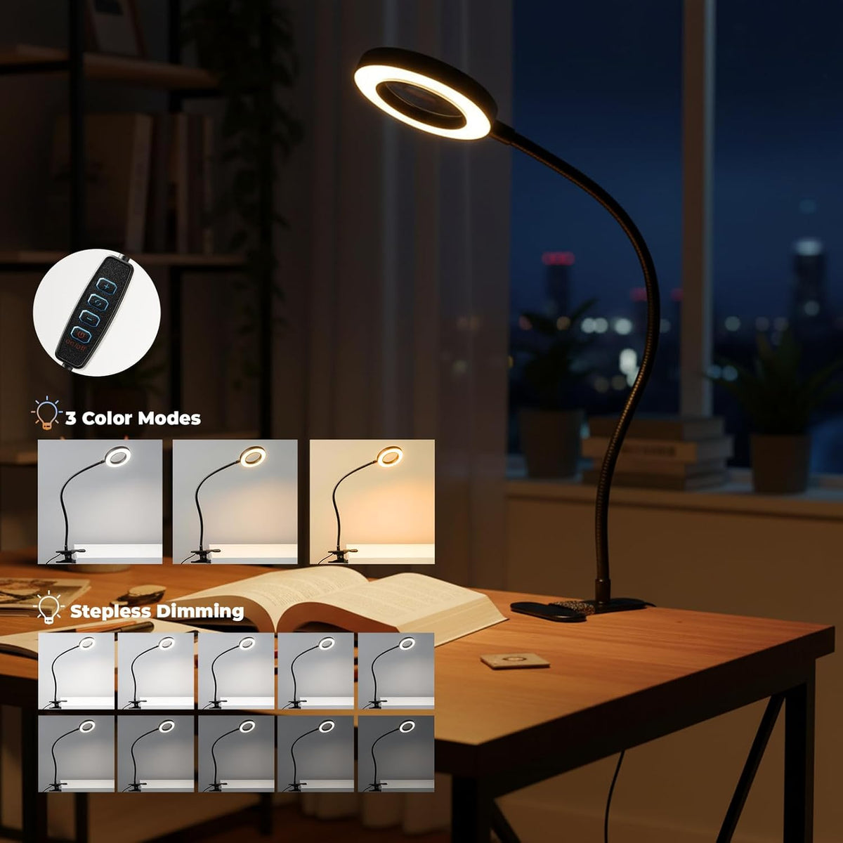 LALISU Desk lamp Eye-Caring Table Lamps, 360°Rotation Gooseneck Clip Lamp