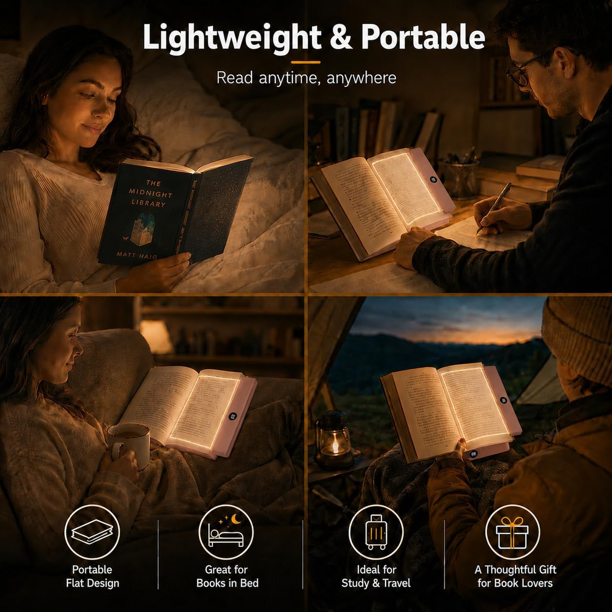 Book Light for Reading in Bed, Rechargeable LED Flat Book Light with Clear Full Page Panel, 3 Color Temperatures, Stepless Dimming, 1–99 Min Timer, 1200mAh USB-C Bookmark Light for Book Lovers(Pink)