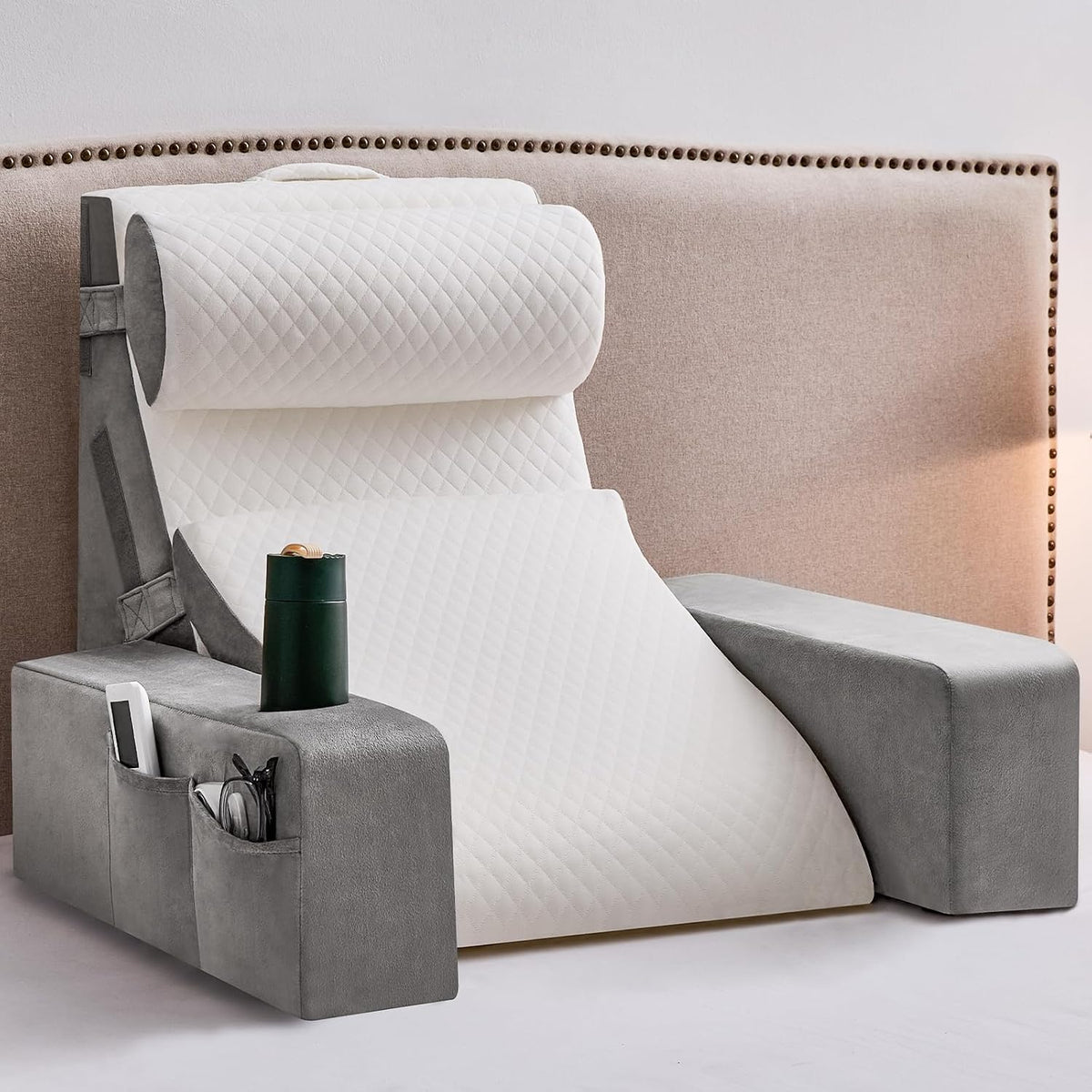 Reading Pillow for Sitting in Bed Adult, Back Pillow for Bed Sitting up with Arms, Pockets and Cup holder, Sit Up Backrest Pillows for Beds Chair Support, Rest Pillow for Gaming (Light gray)