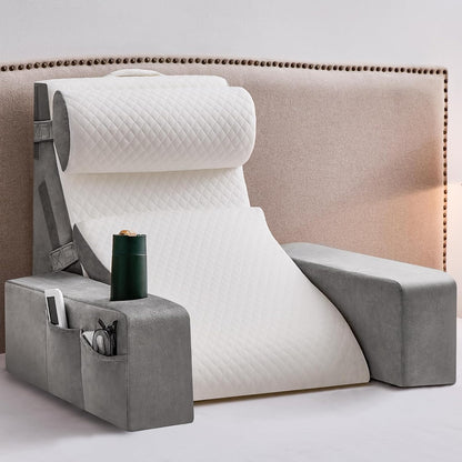 Reading Pillow for Sitting in Bed Adult, Back Pillow for Bed Sitting up with Arms, Pockets and Cup holder, Sit Up Backrest Pillows for Beds Chair Support, Rest Pillow for Gaming (Light gray)