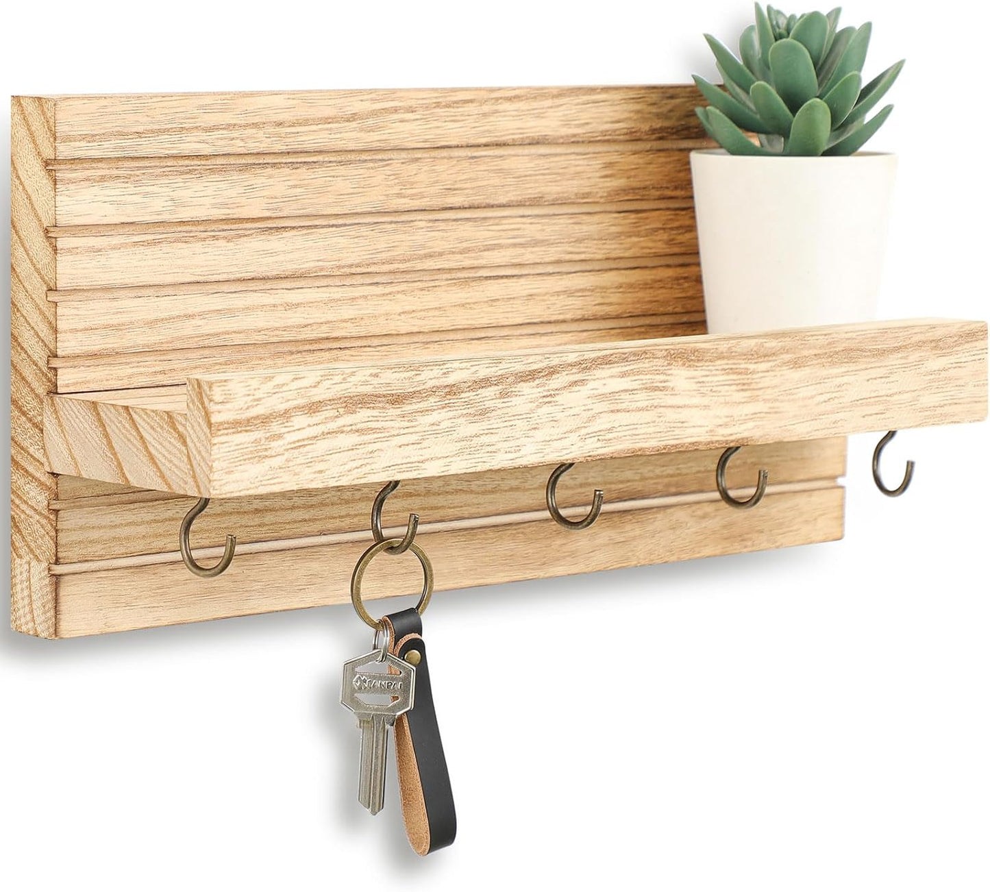 Lwenki Decorative Key Holder for Wall with Shelf, Entryway Shelf with Hooks Holds Leashes, Jackets and Glasses – Sturdy Wood Keyholder Entrance Hanger with Mounting Hardware (Black, Medium)