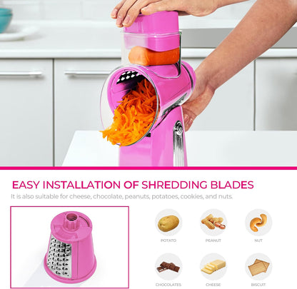 SUSTEAS Rotary Cheese Grater 5 Blades,Kitchen Mandoline Vegetable Slicer | White, Easy to Clean, Strong Suction Base, 5 Blades Storage Box, Round Mandoline Slicer & Food Chopper for Salad