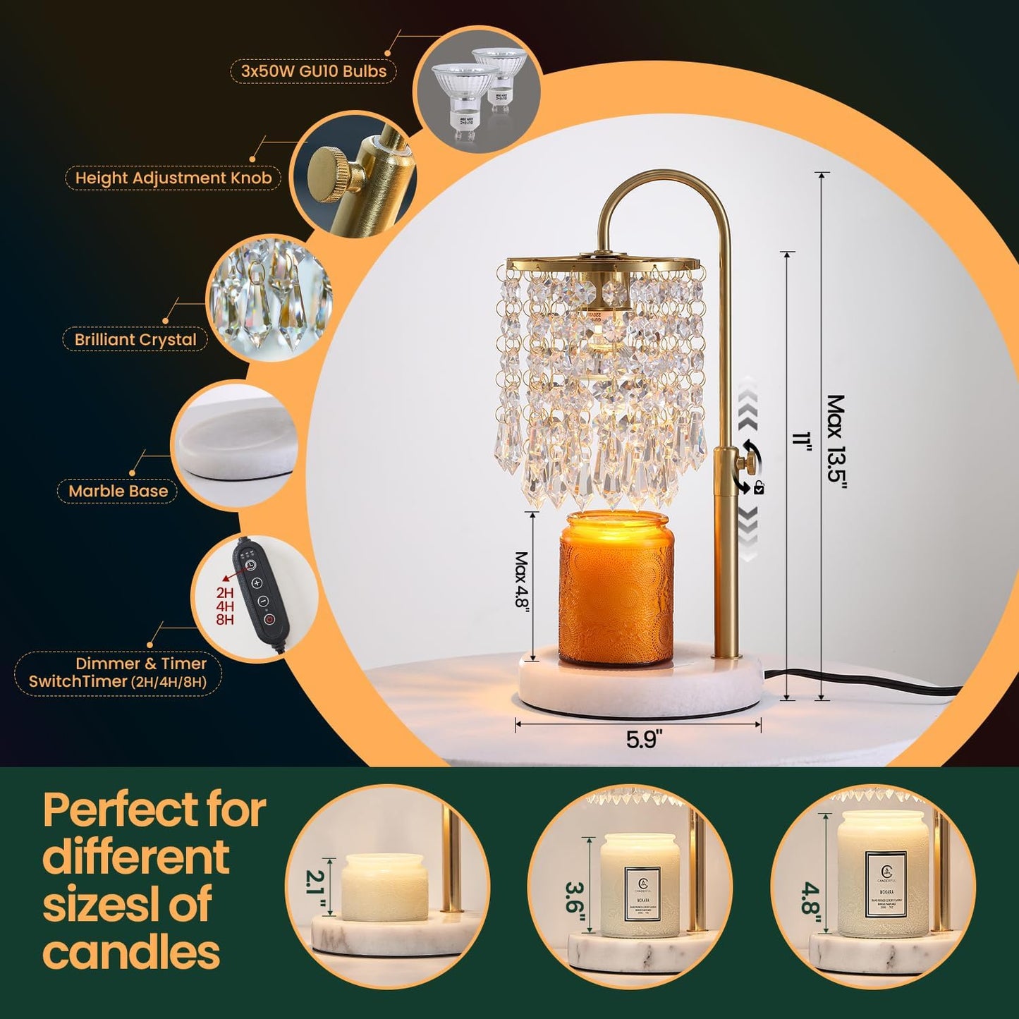 Candle Warmer Lamp with Timer Dimmer，2H/4H/8H Timer , Lamp Candle Warmer with Marble Base for Adjustable Height, Crystal Wax Melt Warmer for Jar Candles, House Warming Decor Gifts Mothers Day Gifts