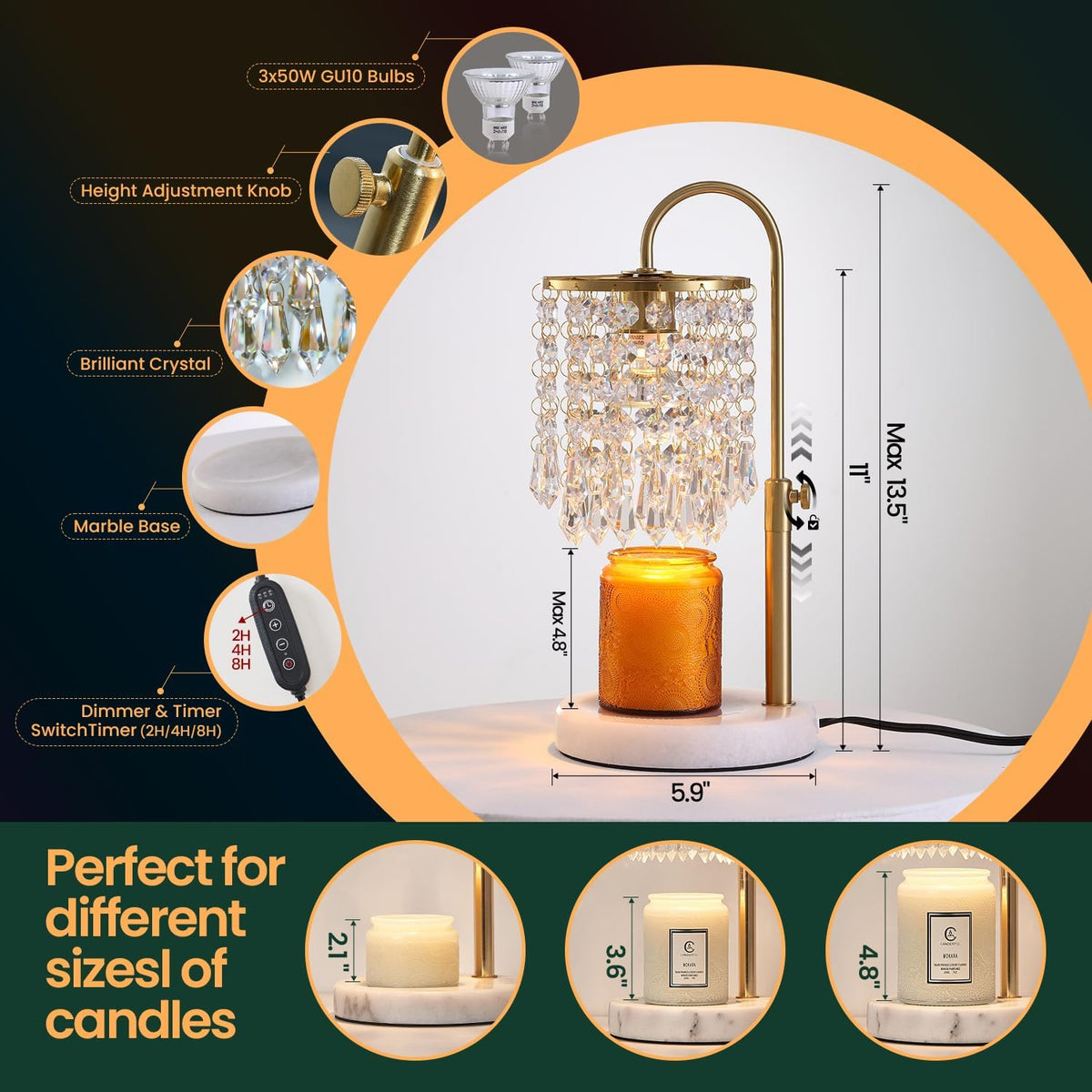 Candle Warmer Lamp with Timer Dimmer，2H/4H/8H Timer , Lamp Candle Warmer with Marble Base for Adjustable Height, Crystal Wax Melt Warmer for Jar Candles, House Warming Decor Gifts Mothers Day Gifts