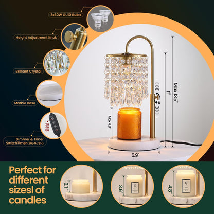 Candle Warmer Lamp with Timer Dimmer，2H/4H/8H Timer , Lamp Candle Warmer with Marble Base for Adjustable Height, Crystal Wax Melt Warmer for Jar Candles, House Warming Decor Gifts Mothers Day Gifts