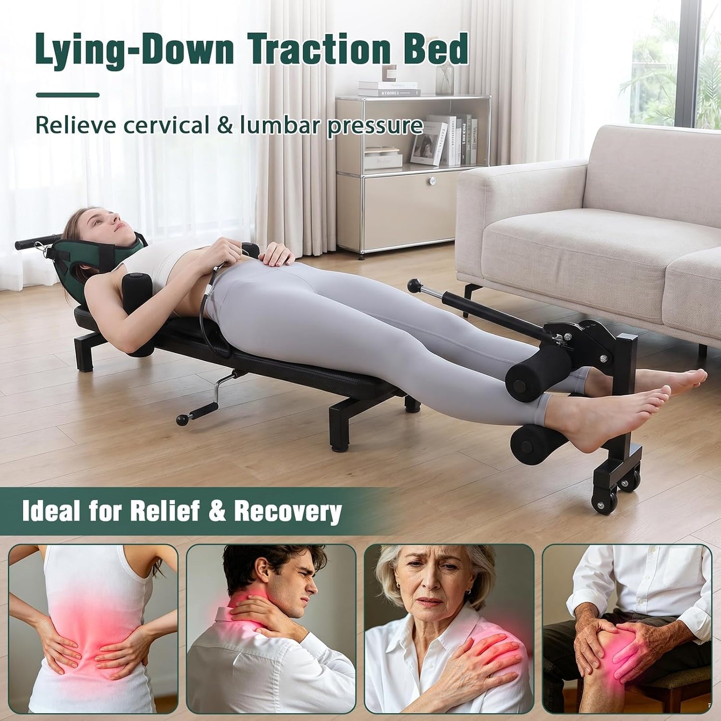 Full Body Traction Table, Adjustable Massage Cervical Traction Bench, Portable Lumbar Stretcher Bed, Home Spine Stretcher Bench for Tension Relief, Lumbar Stretching, 330LBS Capacity Black