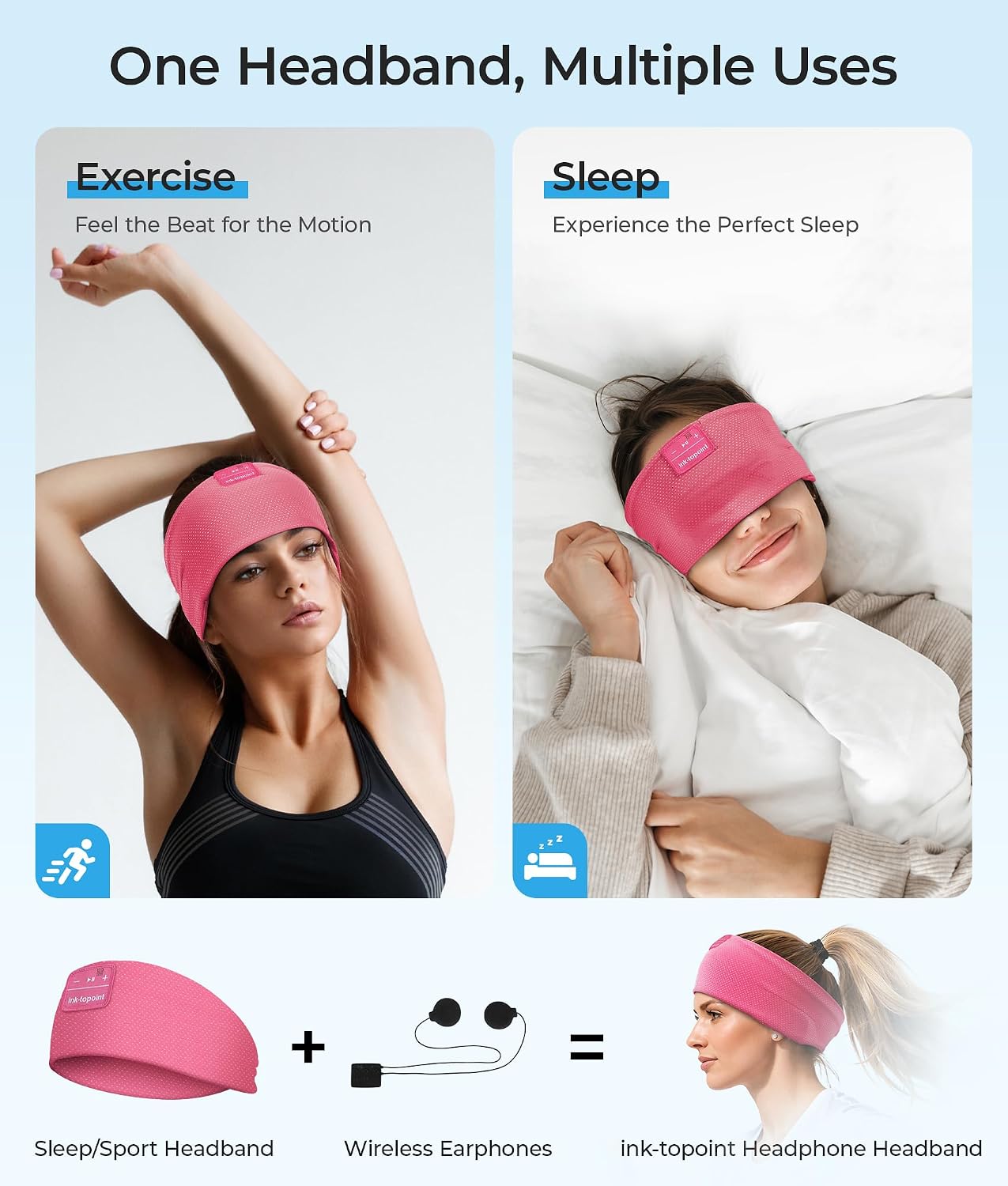 ink-topoint Sleep Headphones Bluetooth Headband, Wireless Sports Earphones | Sleeping Headphone for Side Sleepers with HD Stereo Speakers Breathable Headbands for Running, Yoga, Travel, Women&Men