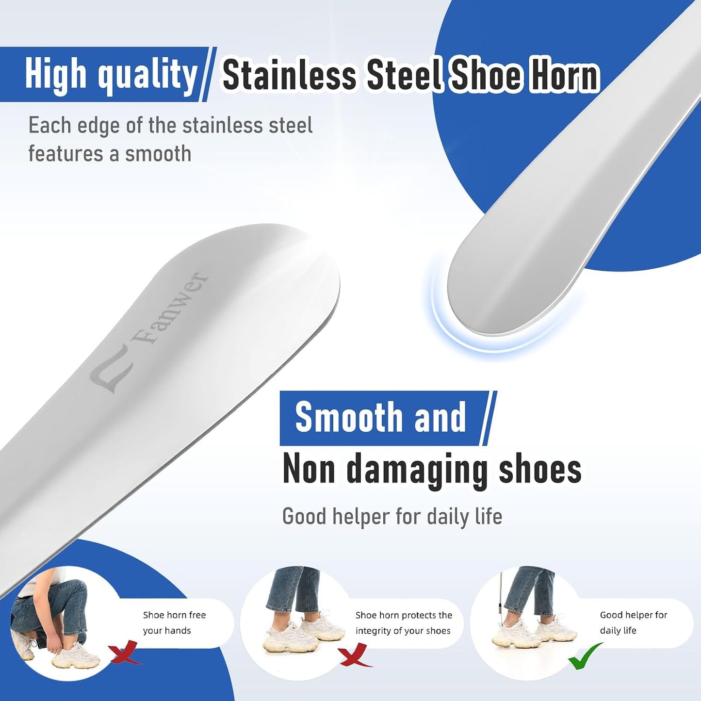 Fanwer Extendable Shoe Horn Long Handle for Seniors, Long Shoehorn | 16" to 31"Adjustable, Twist to Lock, Stainless Steel, Metal Travel Shoe Horn, Helper Tool for Men Women