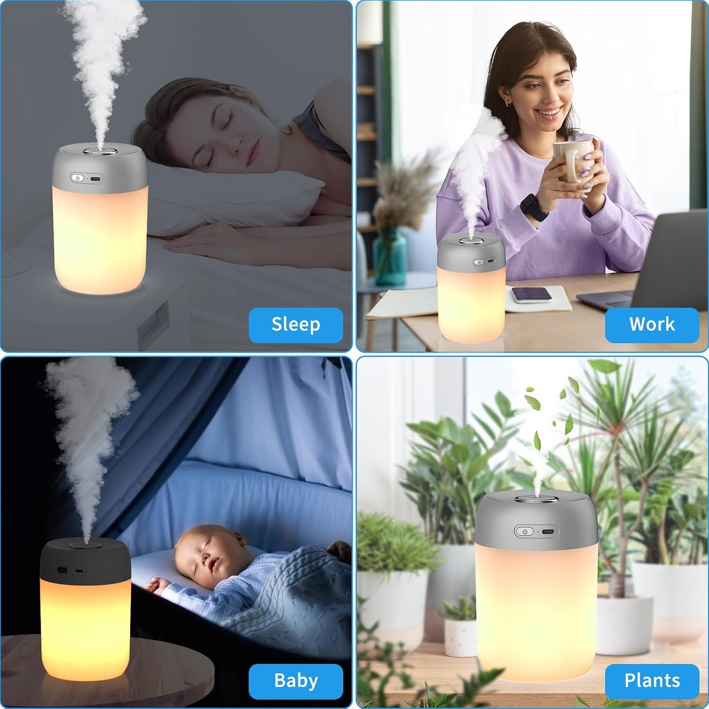 SZO Humidifier for Plants, 650ml Plant Humidifier Indoor, Gray | Small Plant Humidifier with Warm Light for Plants, Bedroom, Office Desktop, Baby Room