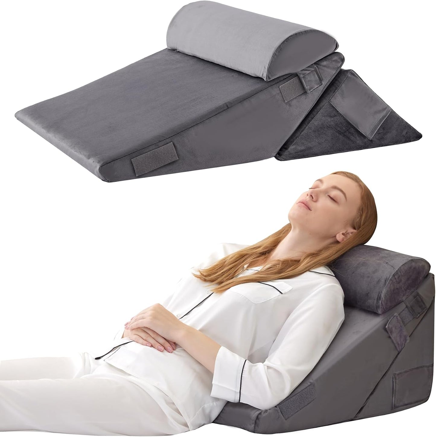 Bedluxe Wedge Pillow Headboard, 3PCS Orthopedic Bed Wedge Pillows Set for After Surgery, Adjustable Pillow Wedge for Acid Reflux&Back Pain Relief, Sleeping, Back Pillow for Bed Sitting Up, White/Grey