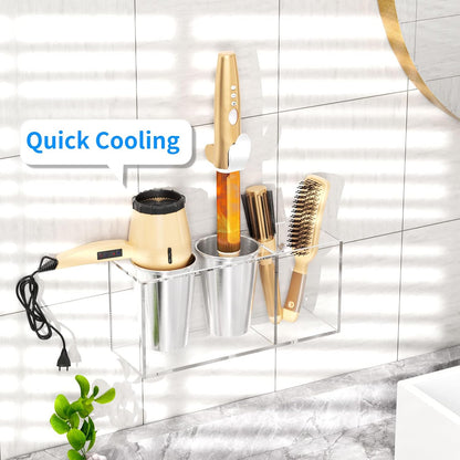 NIUBEE Hair Tool Organizer Wall Mount, Hair Dryer Holder for Bathroom,White | Acrylic Hair Organizer Storage Countertop, Blow Dryer Holder, Hot Tools Organizer for Curling Iron, Brush, 2 Stainless Cups