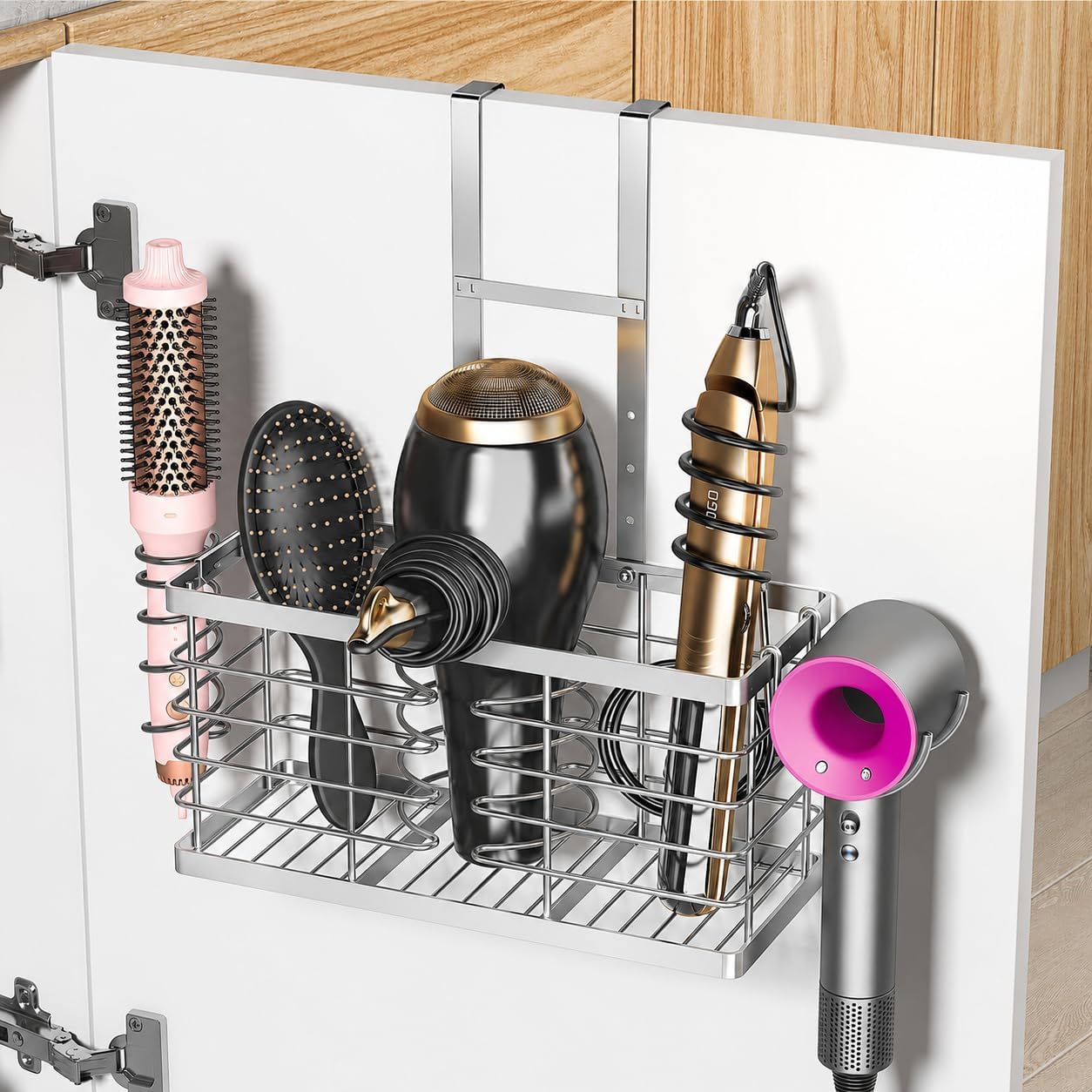 2026 Upgraded 3-in-1 Universal Hair Tool Organizer, XL Size, Black | Adjustable Height Metal Hair Dryer Holder, Wall Mounted, Over Cabinet Door, Countertop, Bathroom Storage