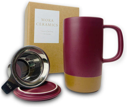Mora Ceramics Large Tea Mug with Loose Leaf Infuser and Ceramic Lid, 18 oz, Portable, Microwave and Dishwasher Safe, Tall Coffee Cup - Rustic Matte Ceramic Glaze, Modern Herbal Tea Strainer, Olive