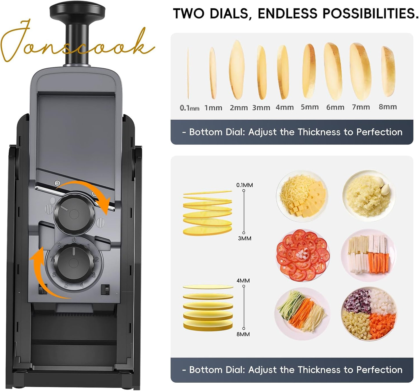 Jonscook All-in-1 Safe Mandoline Slicer for Kitchen, Vegetable Slicer with Container, Adjustable Veggie Mandoline, French Fry Cutter, Potato/Tomato/Onion Slicer, Grater/Cleaning Brush (Black Knight)