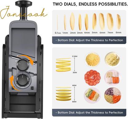 Jonscook All-in-1 Safe Mandoline Slicer for Kitchen, Vegetable Slicer with Container, Adjustable Veggie Mandoline, French Fry Cutter, Potato/Tomato/Onion Slicer, Grater/Cleaning Brush (Black Knight)