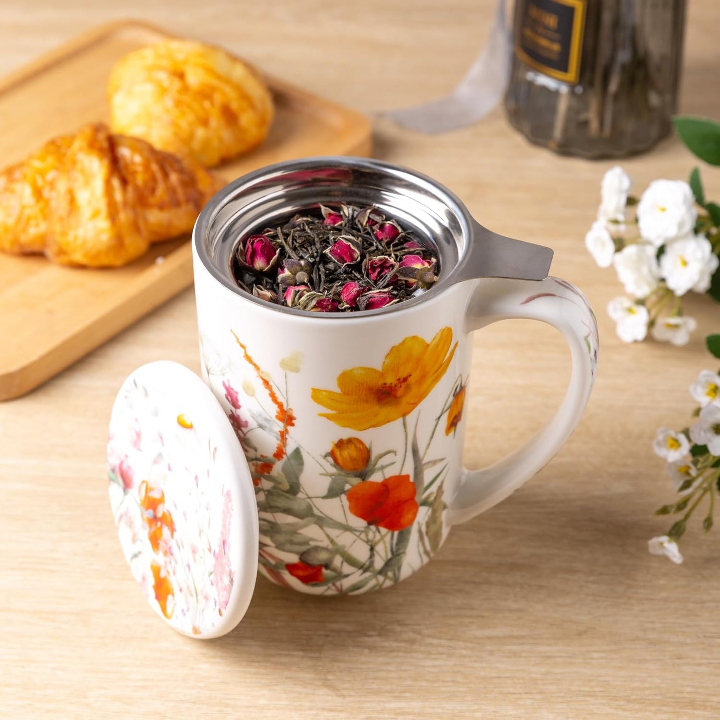 AmorArc Tea Cup With Infuser and Lid, 18oz Loose Leaf Tea Mug With Steeper | Porcelain Tea Mug With Infuser and Lid, Large Strainer Tea Cup with Lid for Tea, Coffee Mug for House-warming Birthday Gift