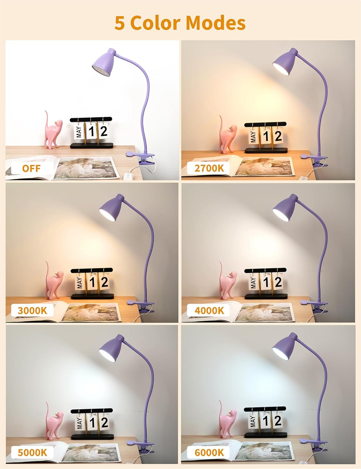 BOHON Desk Lamp 5 Color Modes 10 Brightness Dimmer Reading Light Black | 10W 38 LED Clamp Lamp with Auto Off Timer 360° Flexible Neck Clip on Light for Bed Bedside, AC Adapter Include