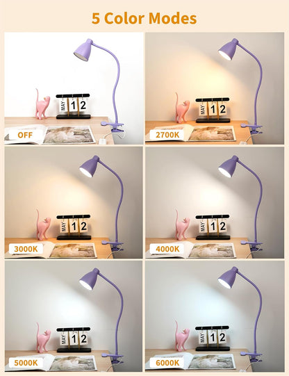 BOHON Desk Lamp 5 Color Modes 10 Brightness Dimmer Reading Light Black | 10W 38 LED Clamp Lamp with Auto Off Timer 360° Flexible Neck Clip on Light for Bed Bedside, AC Adapter Include