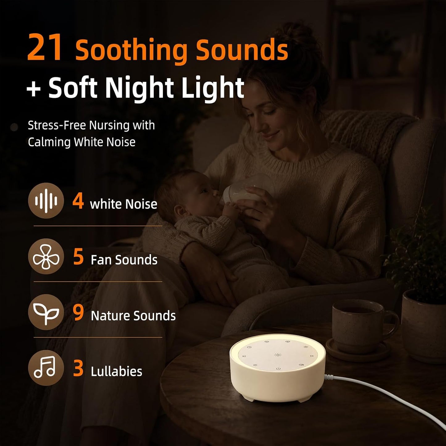 Kipcush White Noise Machine for Sleeping, Baby & Adults, High-Fidelity Non-Looping Sounds, Sleep Sound Machine with Dimmable Night Light, USB Powered, Memory Function, Home, Nursery & Travel