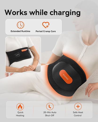 IKEEPFIT Portable Heating Pad for Back, Cordless Wearable Heat Belt with Massager for Lower Back Pain Relief, Battery Powered 8000 mAh Rechargeable, MAXwarm® 3.0, Gift for Women Men 90-310 lbs