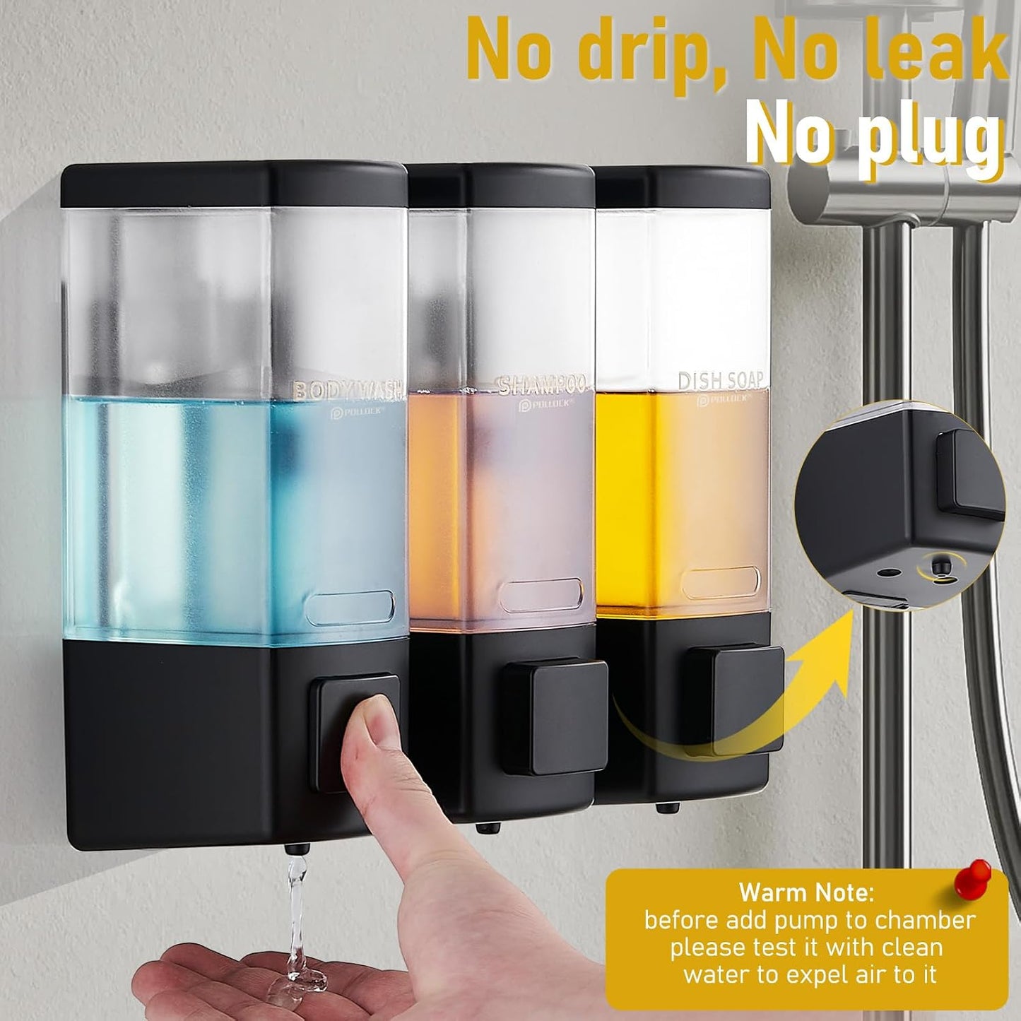 Pollock Shampoo and Conditioner Dispenser,Black 3 Chamber * 500ML | Shower Soap Dispenser Wall Mounted, Body Wash Dispenser No Drill,Refillable Shower Dispenser for Bathroom,Hotel,Public Place