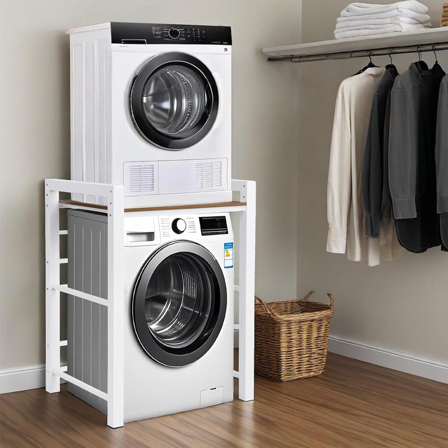 Heavy Duty Steel Shelf Over Washer and Dryer, Portable Washer and Dryer Stand, Laundry Room Organizer with Adjustable Laminate, Washing Machine Shelf for Bathroom and Laundry Room (Black-A)