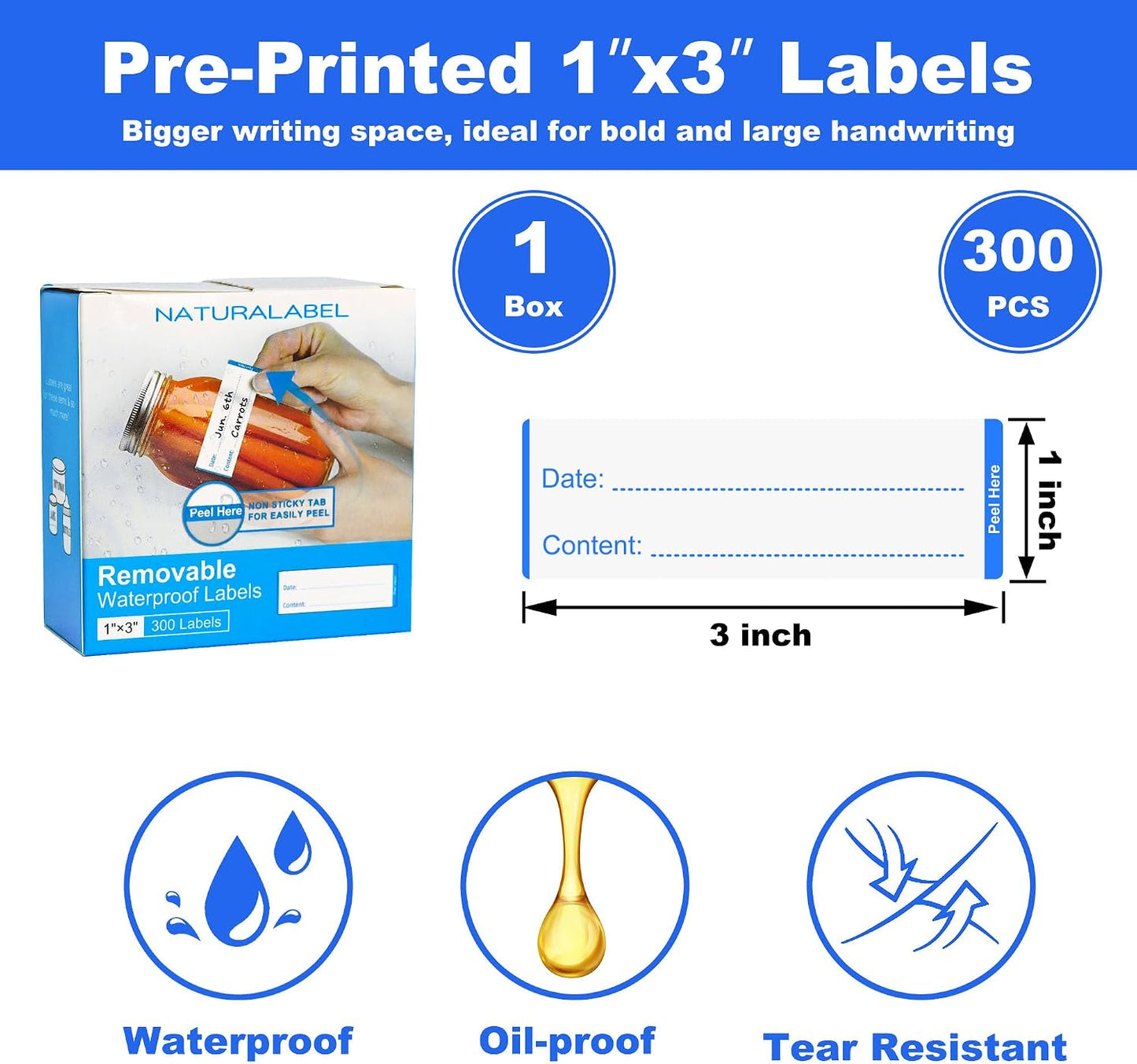Removable Freezer Labels with Dispenser, 1" x 3", 1 Box (Red) | Writable, remove no residue, waterproof & oilproof, easy peel-off design, 300 labels per box, for meal prep containers