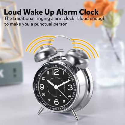 Azyh Loud Alarm Clock for Heavy Sleepers Adults, Metal 4 Inches Twin Bell Battery Operated Alarm Clocks for Bedrooms Decoration, Silent Non-Ticking, Back-to-School Gift (Red Brown)