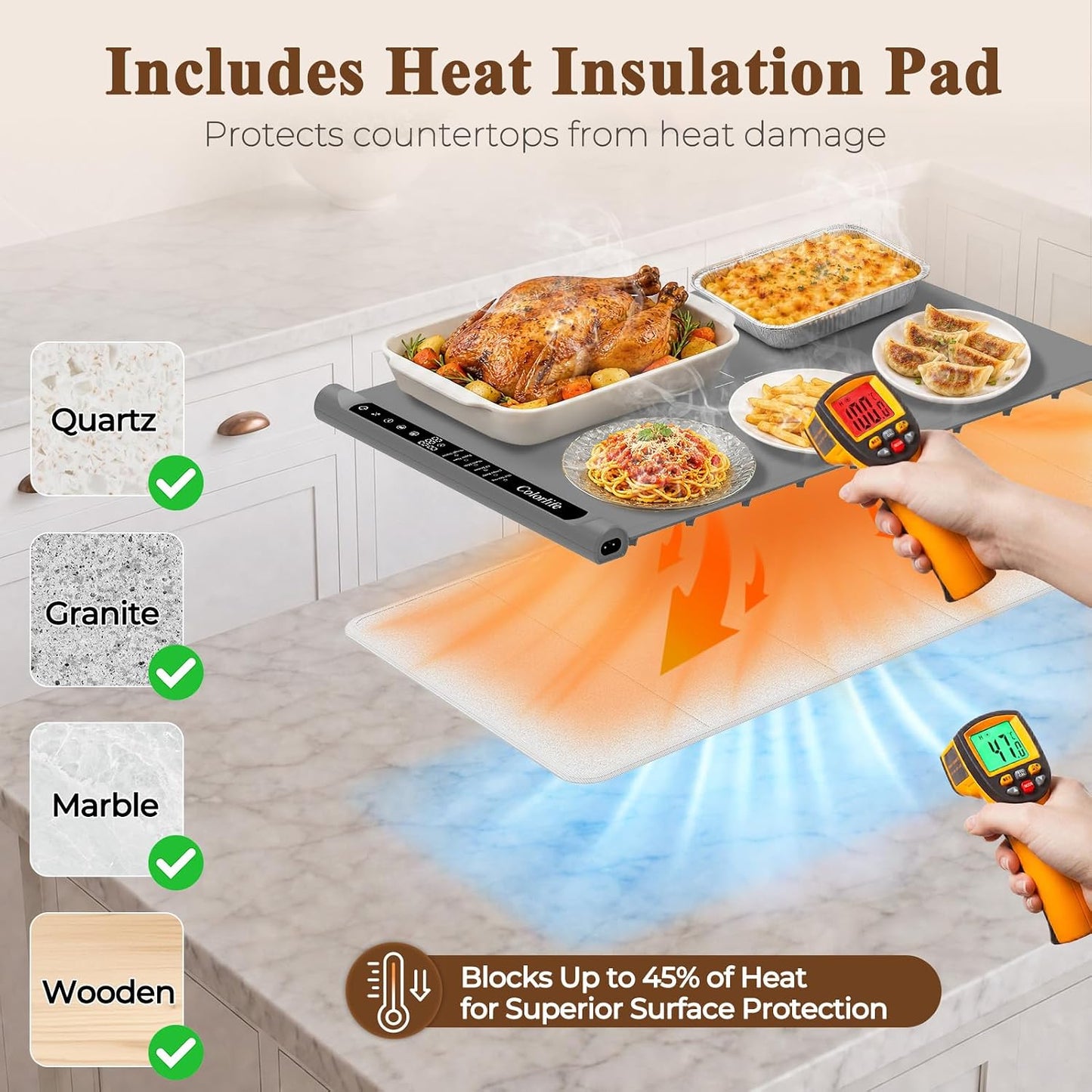 Warming Mat for Food, Electric Warming Tray with Heat-Resistant Pad-L Grey | Colorlife 6 Preset Modes, 7 Temps, 6H Timer, Child Lock, Auto-Memory, Rollable Silicone Food Warmer for Buffet, Parties