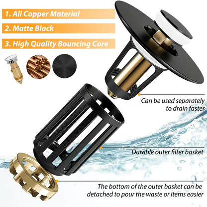 Anlige Bathroom Sink Drain Strainer, 3 in 1 Pop Up Bathroom Sink Stopper with Removable Brass Basket Hair Catcher, Universal Sink Plug for 1.06 to 1.6in Drain Hole, Chrome Silver