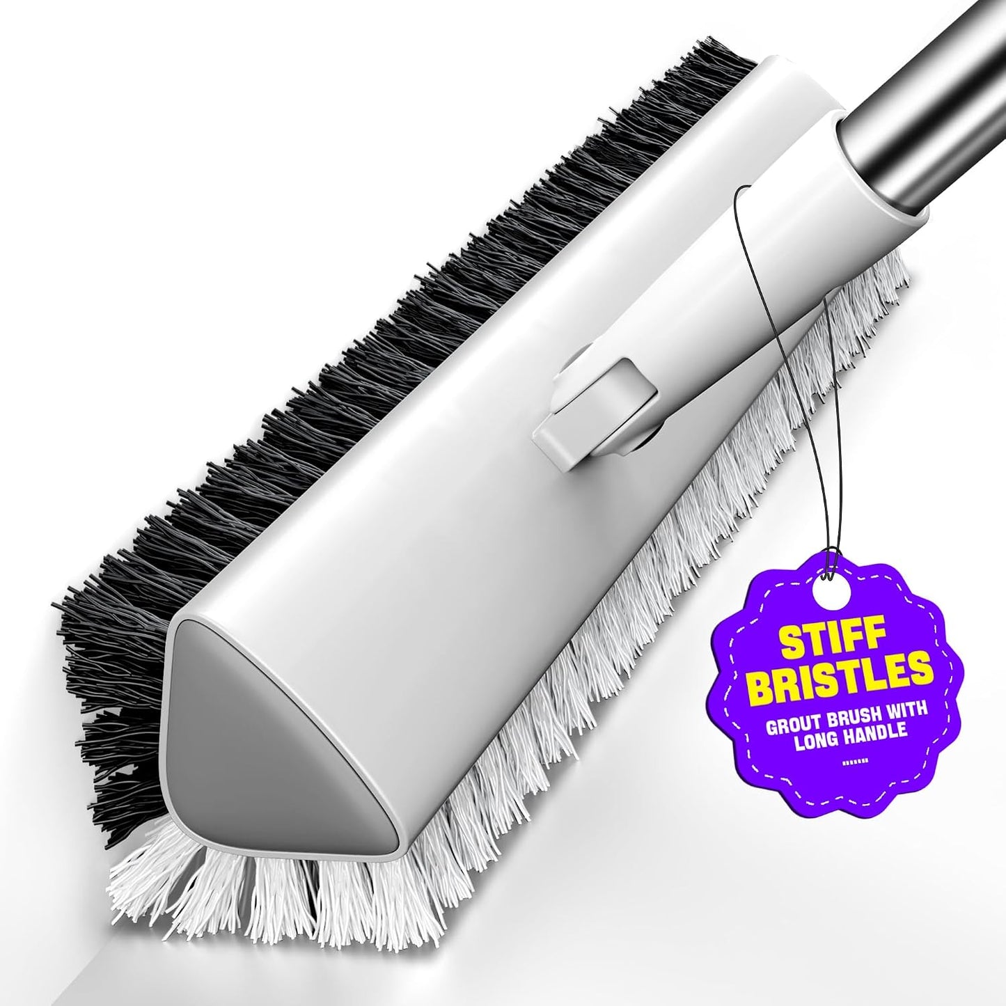Grout Brush with Long Heavy Duty Handle, 180° Swivel Floor Scrub Brush, V-Shaped Grout Line Scrubber with Stiff Bristles, Cleaning Brush for Deep Cleaning Tile Grout, Shower, Kitchen, and Concrete